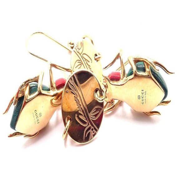Authentic! Gucci 18k Yellow Gold Diamond Malachite Carnelian Scarab Earrings - Picture 4 of 9